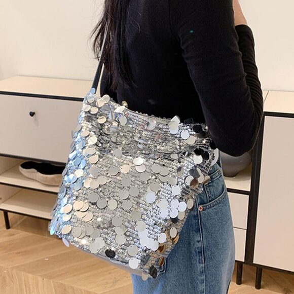 Sequin Bag Silver Black Buckle Shoulder Crossbody Party Purse for Women - Picture 3 of 5